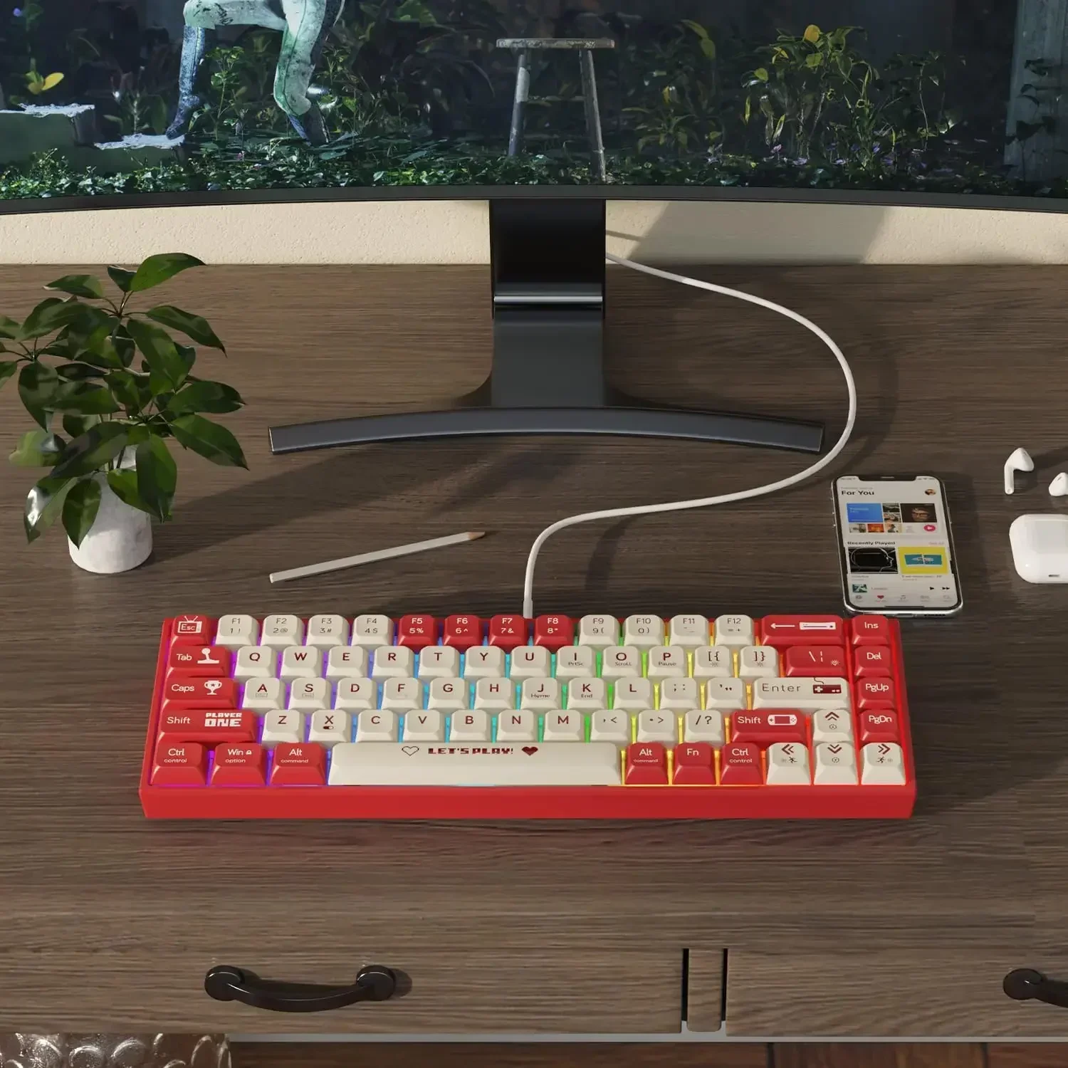 Mechanical keyboard AK680 Wired Mechanical Keyboard Duplex Keycap 68 Keys All Keys Hot Swappable Mechanical Keyboard Mixed Color Lighti