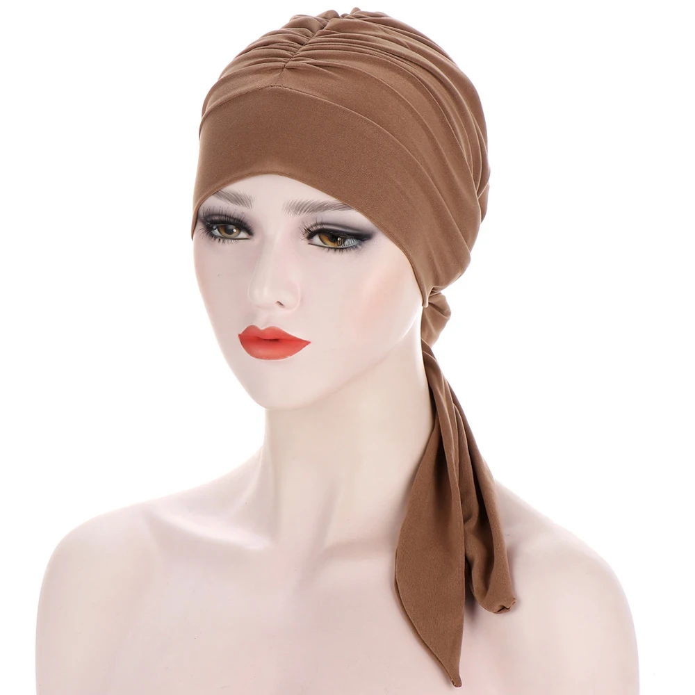 

Pre-Tied Strech Muslim Women Hijab Beanies Chemo Cap Long Tail Hat Turban Female Hair Loss Cancer Bandana Head Wrap Solid Color