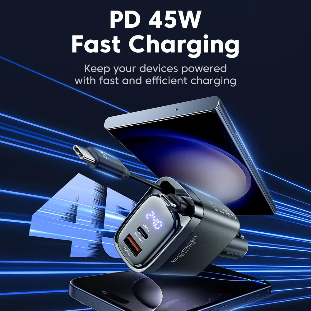 Toocki 4-in-1 Retractable 105W Fast Car Charger with Dual USB-C Ports and Digital Display