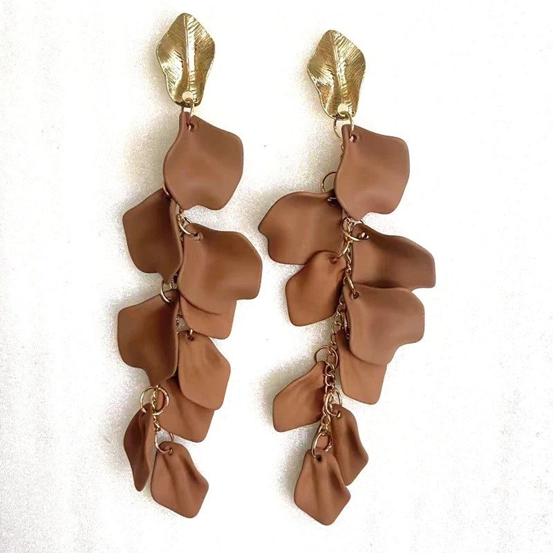 Gold Metal Leaf Acrylic Petal Tassel Earrings - Bold Floral Statement in Rose, Pink, and Orange