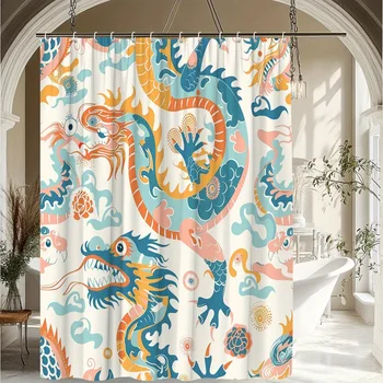 Tenda da doccia con motivo drago da 1 pezzo, design a tema mitologia vivace e interessante, decorazione per il bagno, tessuto in poliestere 1