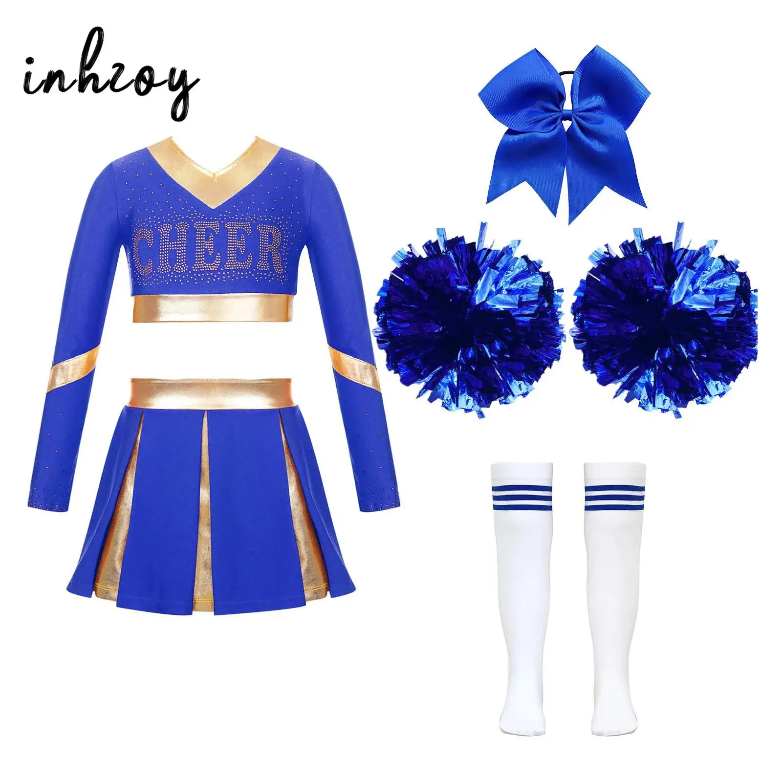 

Детская униформа для школьниц и чарлидинга с помпонами, чулки, галстук для волос, Карнавальная танцевальная одежда