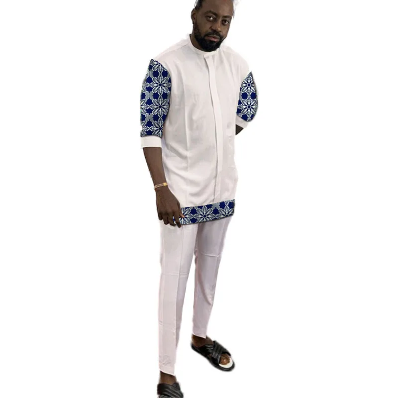 African Fashion White Men's Set Outfits 3/4 Sleeve Shirt With Pant Nigerian Print Original Design Groom Suits Party Wear 5