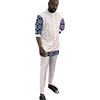 African Fashion White Men's Set Outfits 3/4 Sleeve Shirt With Pant Nigerian Print Original Design Groom Suits Party Wear 5