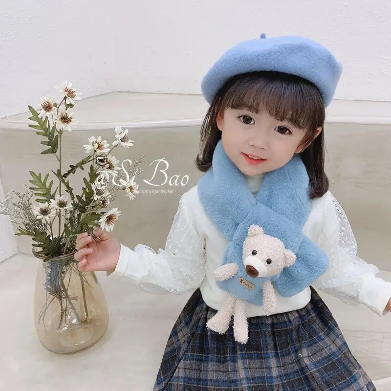 Imitation Rabbit Fur Children Scarf Cute Cartoon Bear Plush Cross Collar Kids Scarf Winter Warm Thicken Boys Girls Scarves