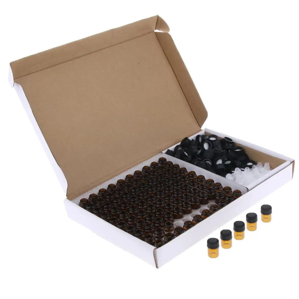 100 Pieces Mini Bottles for Essential Oils with Orifice Reducers and Storage Container - Brown+Brown, 2ml