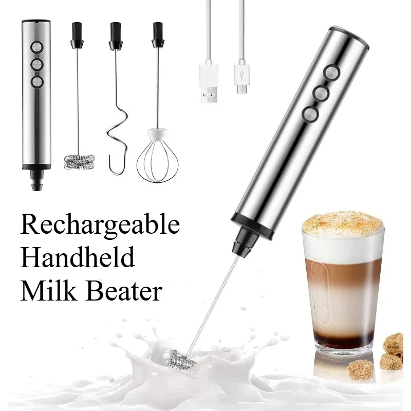 Mousseur à lait électrique portatif 3-en-1, 3 vitesses réglables, mini batteur à main, fouet en acier inoxydable détachable, outil de cuisine domestique 1