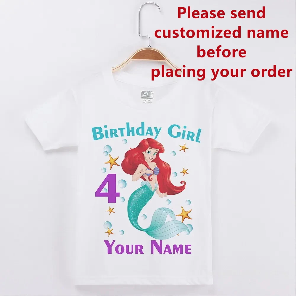 Happy Birthday tee Baby Girl Mermaid Print Girls Shirts Number 3-12 Name Birthday Present Party Tees Kids Clothes children t shirt