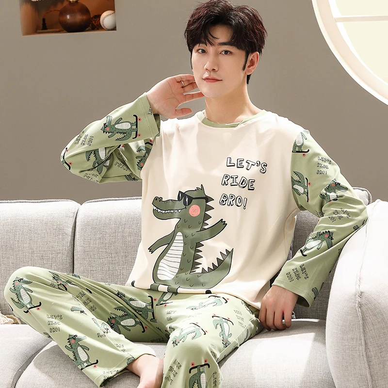 Spring Long Sleeves Sleeping Tops Trousers Nightwear For Men Cotton Pijamas Suit Male Cartoon Casual Home Clothes Pjs Homme men shirt men clothes spring new tops business casual striped turn down collar long sleeves shirt homme for daily wear