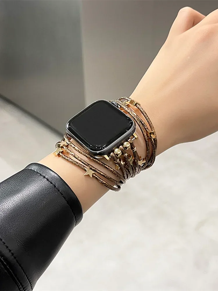 

Металлический кожаный ремешок с 3d-звездами для Apple Watch, 41 мм 49 мм 40 мм 44 мм 45 мм, стильный женский ремешок для iwatch 9 SE 8 7 6 se 5 4 3, 2024