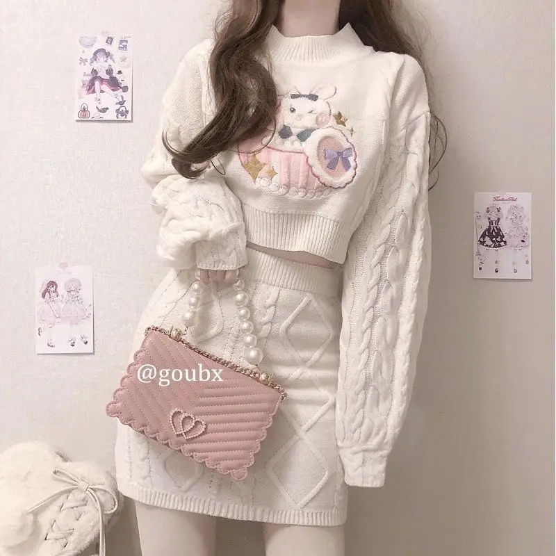 

Two Piece Set Japanese Super Hot Knitted Age Reducing Sweater+High Waist Wrap Hip Half Skirt Long Sleeve Autumn/Winter Set