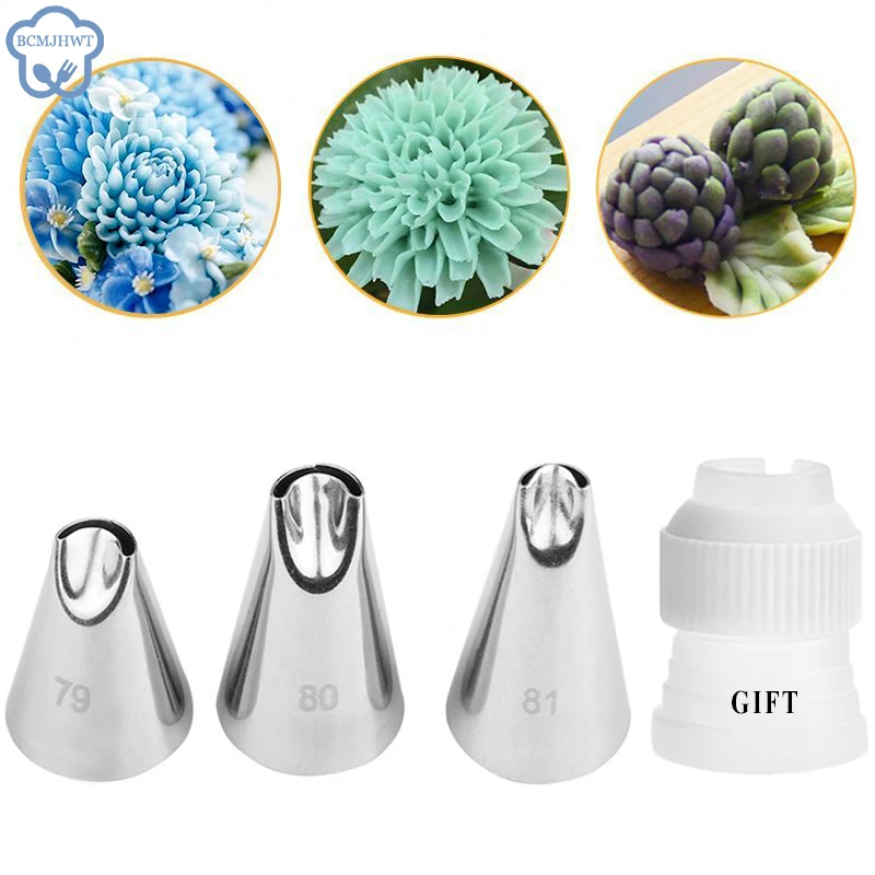 4PCS Stainless Steel Piping Icing Nozzle Pastry Tool Cupcake Head Dessert Decorators Cupcake Tips Baking Accessories #79 #80 #81 cake decorating tip set,baking supplies,cake icing nozzles,baking nozzle set,cake decorating nozzle set