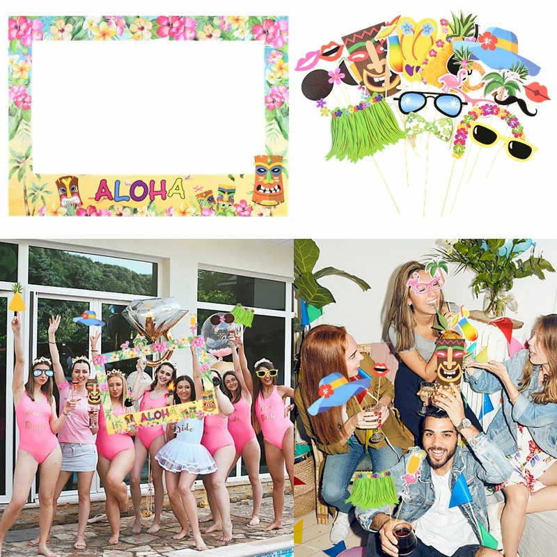 WallyE 12 Accessori Per Photo Booth A Tema Hawaii – Bastoncini Con Sagome Di Flamingo E Luau Per Feste E Compleanni