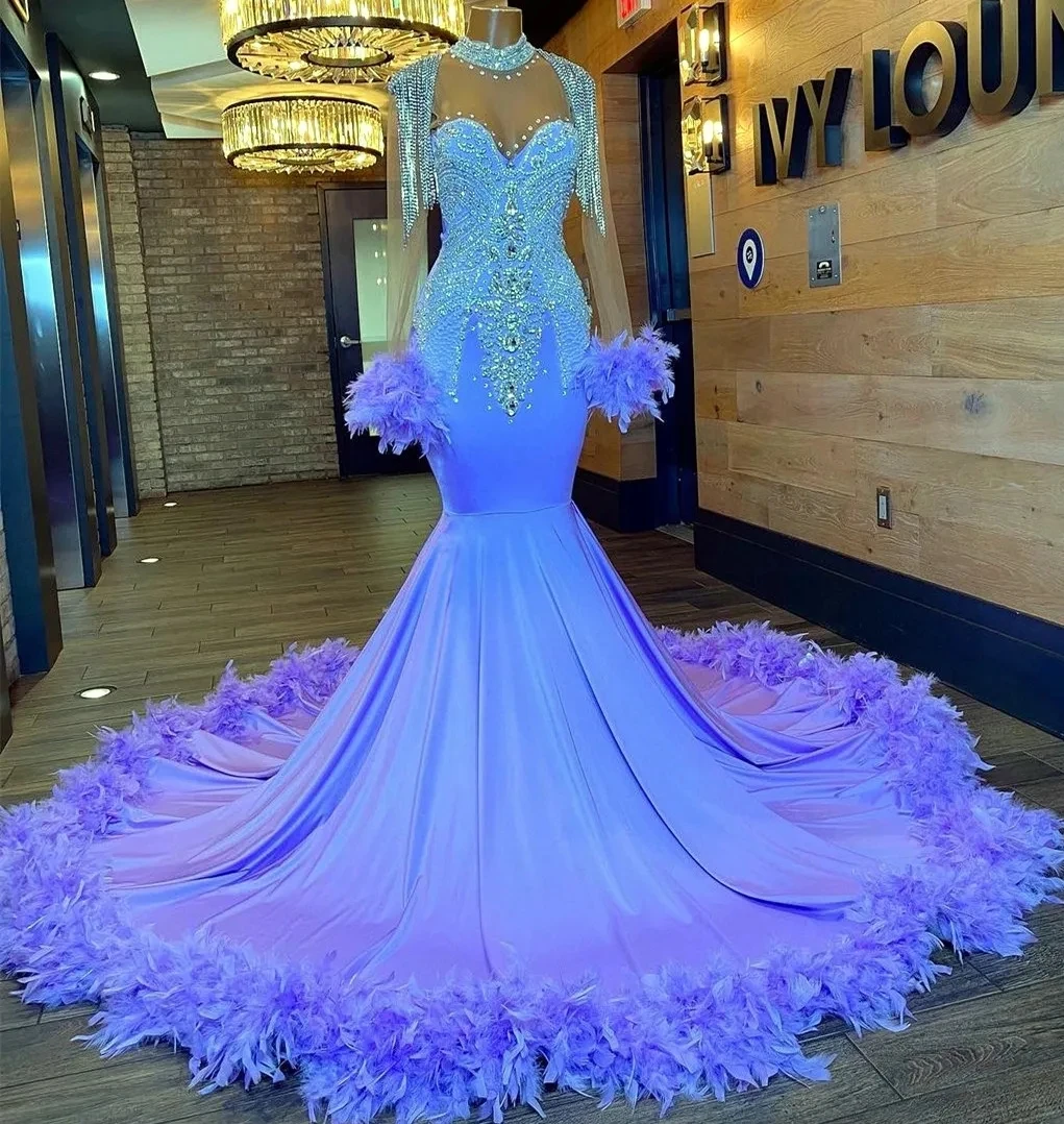 

African American Prom Dresses Mermaid Long Sleeves Beaded Feather Black Girls Nigeria Robe De Soiree Evening Dresses Gown