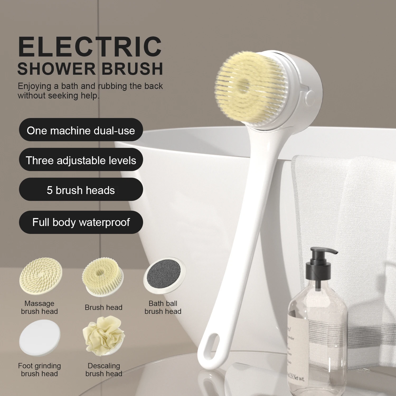 2025 NEW Electric Shower Body Cleaning Brush 5 Heads Spinning Spa Bath Brush Waterproof Long Handle Personal Back Rubbing 3 Gear
