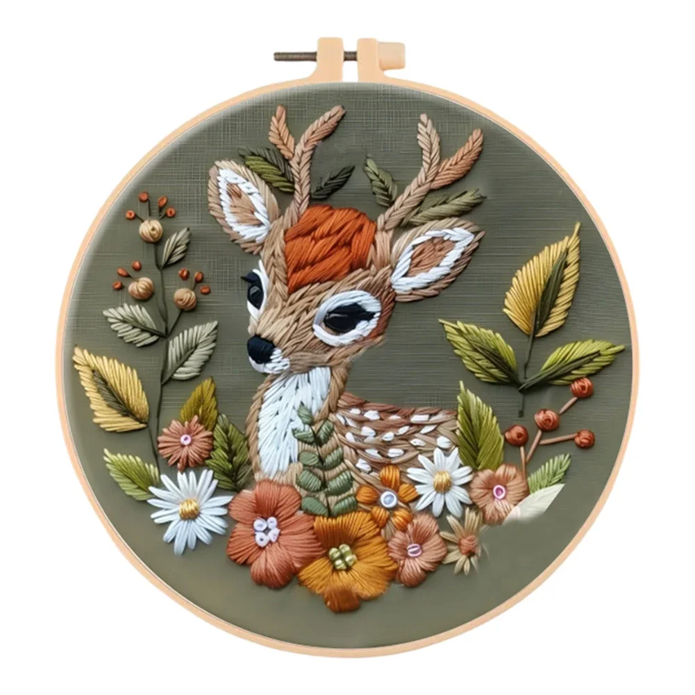 Flower Animal Handmade Sewing Art Craft Kit with Pattern Cotton Threads Needles Hoop Embroidery Starter Kit for Beginners