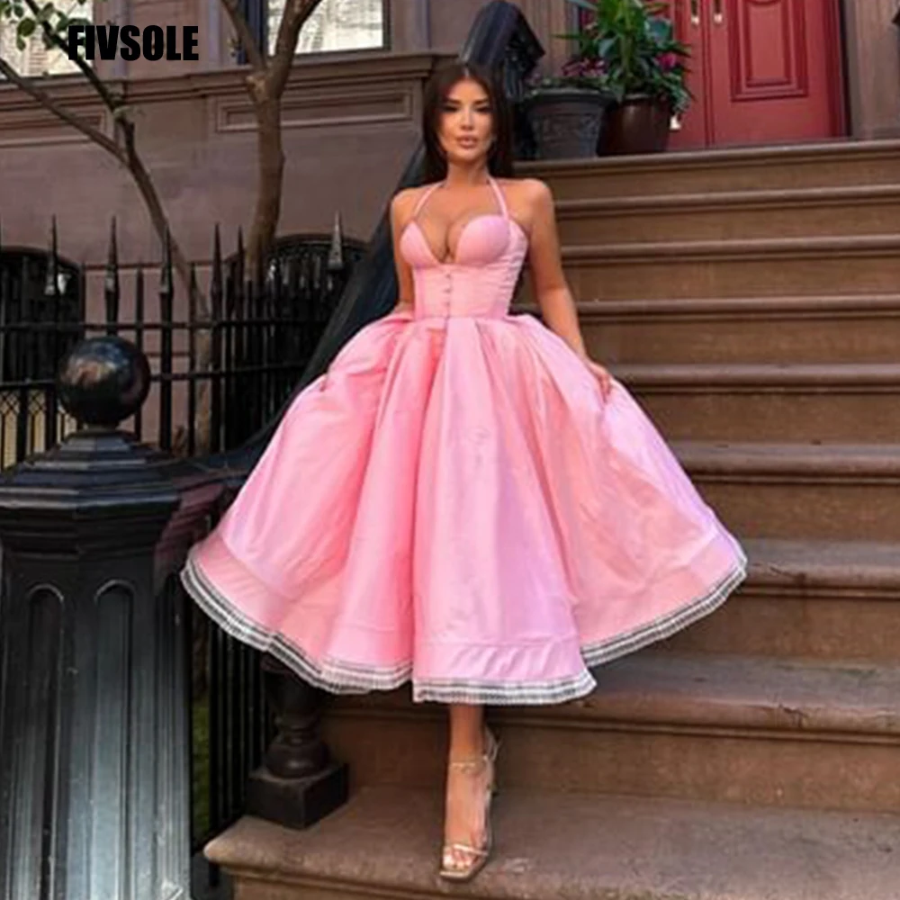 

Fivsole Satin A-line Evening Dresses Tea Length Spaghetti Straps Prom Gowns Pink Sweetheart Vestidos Para Mujer Party Dresses