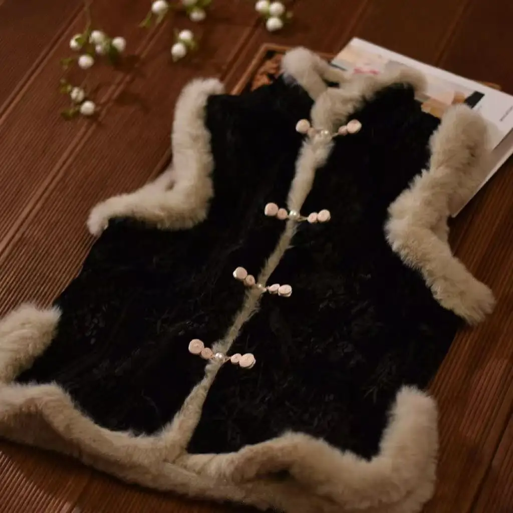New Chinese style women black thicken velvet traditional sleeveless vest overcoat palace button cardigan jacket winter Tang suit