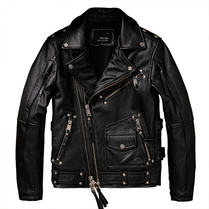 

Black Autumn Leather Jacket Men Motorcycle Style Plus Size 6XL Natural Cowhide Diagonal Zipper Biker Genuine Leather Coat