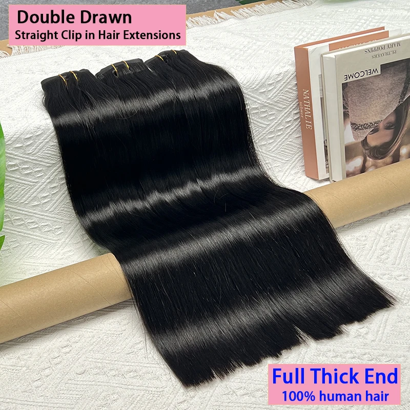 Double drawn rakt seamless clip in äkta hår extensions tjocka_voghion.com
