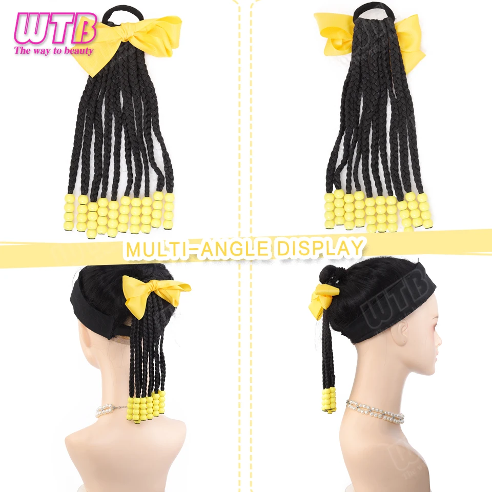WTB Bow-adorned Braided Synthetic Wig Elastic Band Style Children's Ponytail Wig Short Ponytail Wig Suitable for Everyday Wear 3