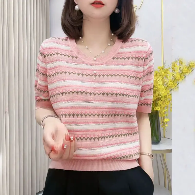 Daiiibabyyy  Summer Fre Sle Women's Striped ort Sve T-irt Korean Version Regular Cotton Comfortable oulder Length Top