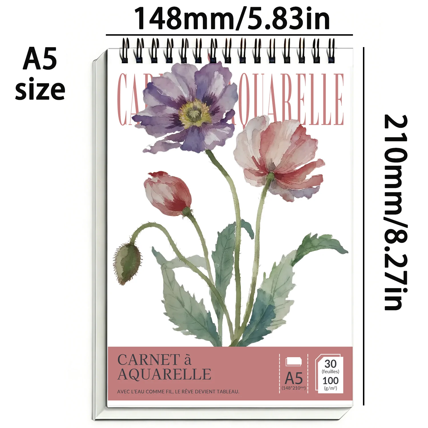 보태니컬 아트 스파이럴 수채화 패드 | A5, 100gsm 무산성 냉압착 종이, 30매, 꽃무늬 수채화 표지, 레이-