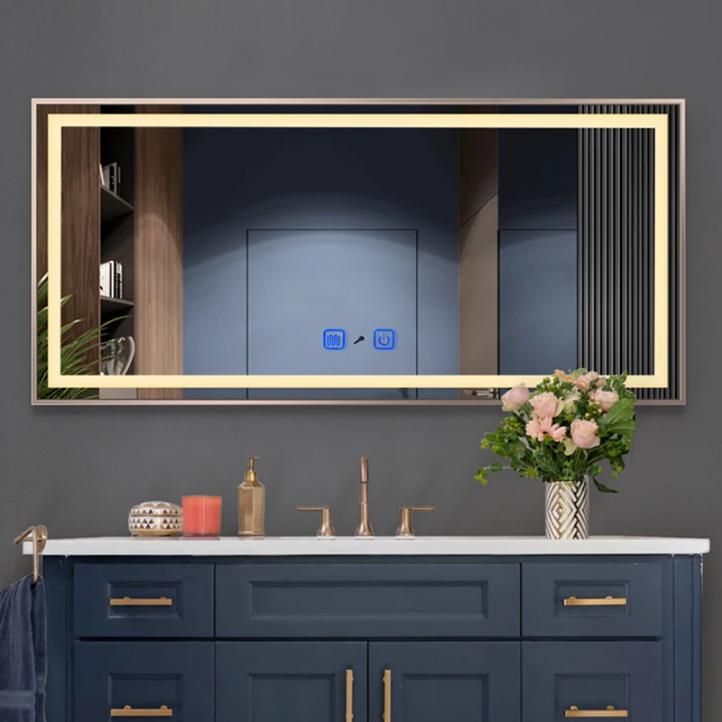 Smart Gold Frame Bathroom Mirror Light Hanging Rectangle Aesthetic