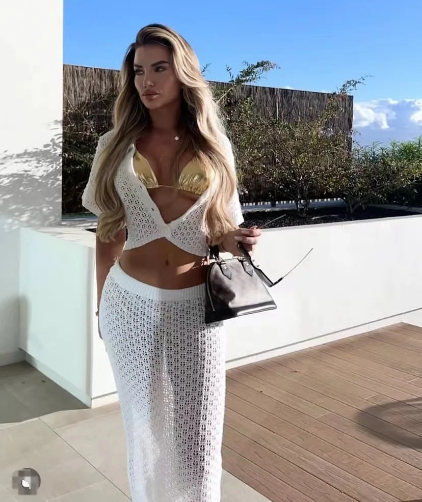 Knit Hollow Out 2 Piece-Set Long Skirt Women's Cropped Top Cardigan And High Waist Maxi Skirt Outfits Female Clothes