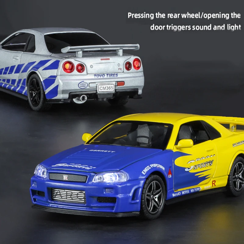 Diecast Car Toys 1:32 GTR R34 SKYLINE Alloy Simulation Model For Children Boy