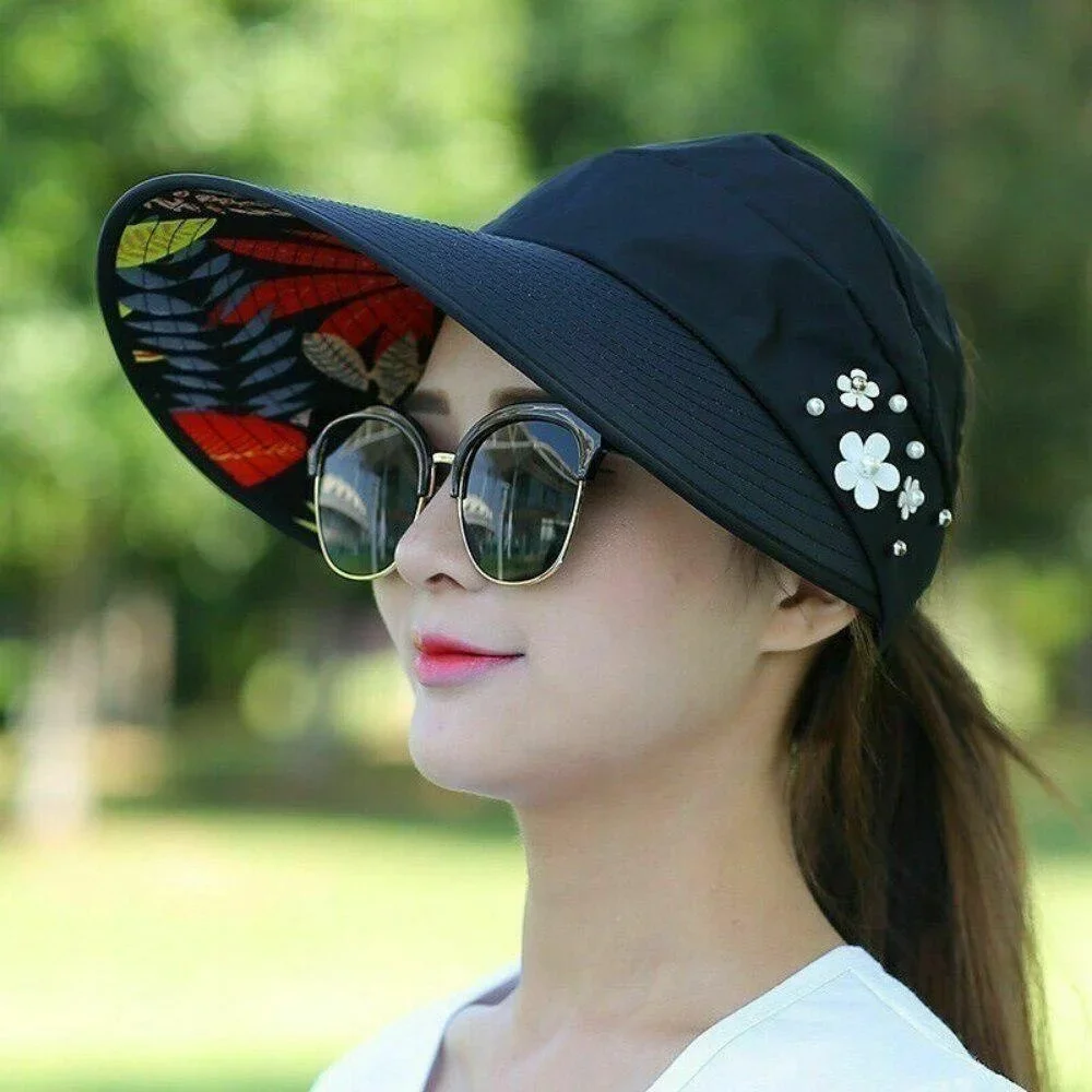 Casual Women Summer Wide Brim Sun Visor Hat Adjustable UV Protection Foldable Sport Empty Top Cap Beach Cap Fast Dry Cap