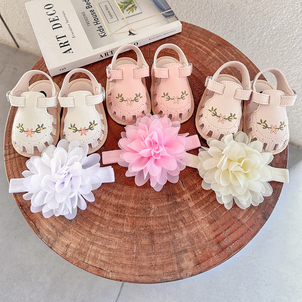 2pcs Newborn Baby Girls Floral Pattern Closed Toe Non-Slip Soft Sole Sandals & Headband Set, Spring & Summer 1