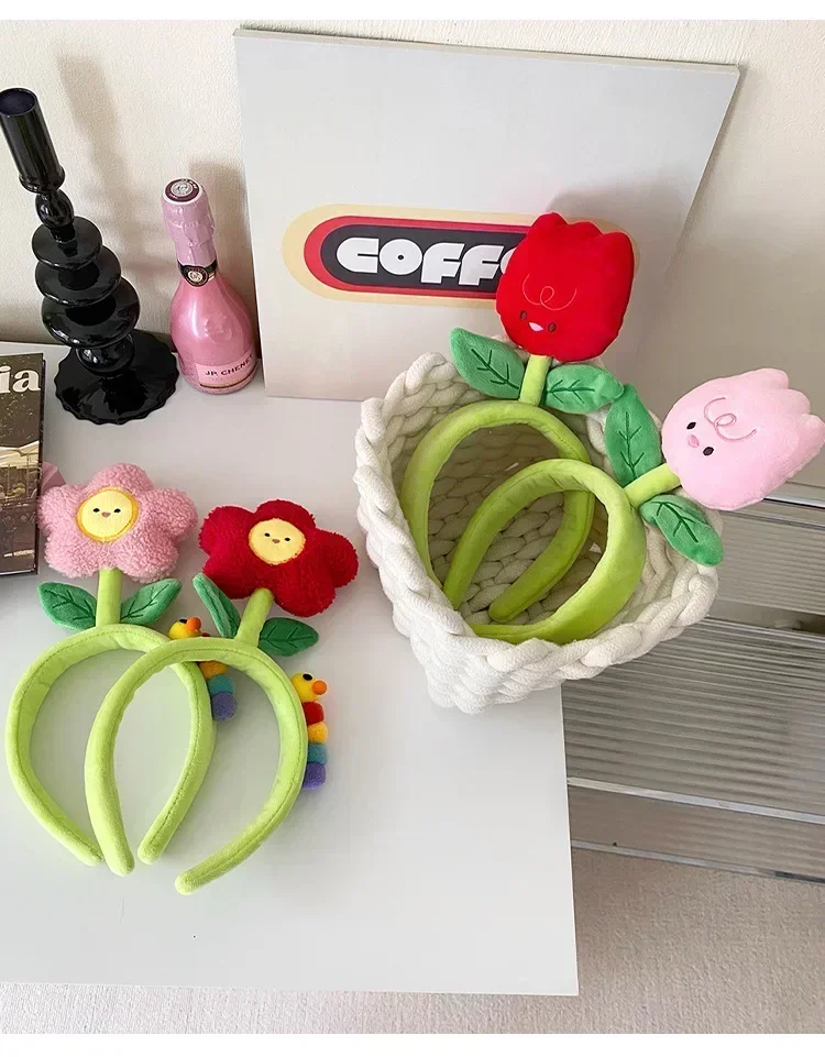 Kreative Plüsch-Stoff-Haarbänder mit Farbigen Tulpen für Mädchen und Frauen, Niedliche Cartoon-Stirnbänder zum Gesichtwaschen und Schminken, Modische Haarbänder für Mädchen – Detail 6