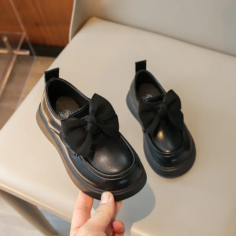 Girls Princess Leather Shoes Sweet Bowtie Children Causal Mary Jane Shoes Fashion Solid Color Kids School Dresses Black Shoes