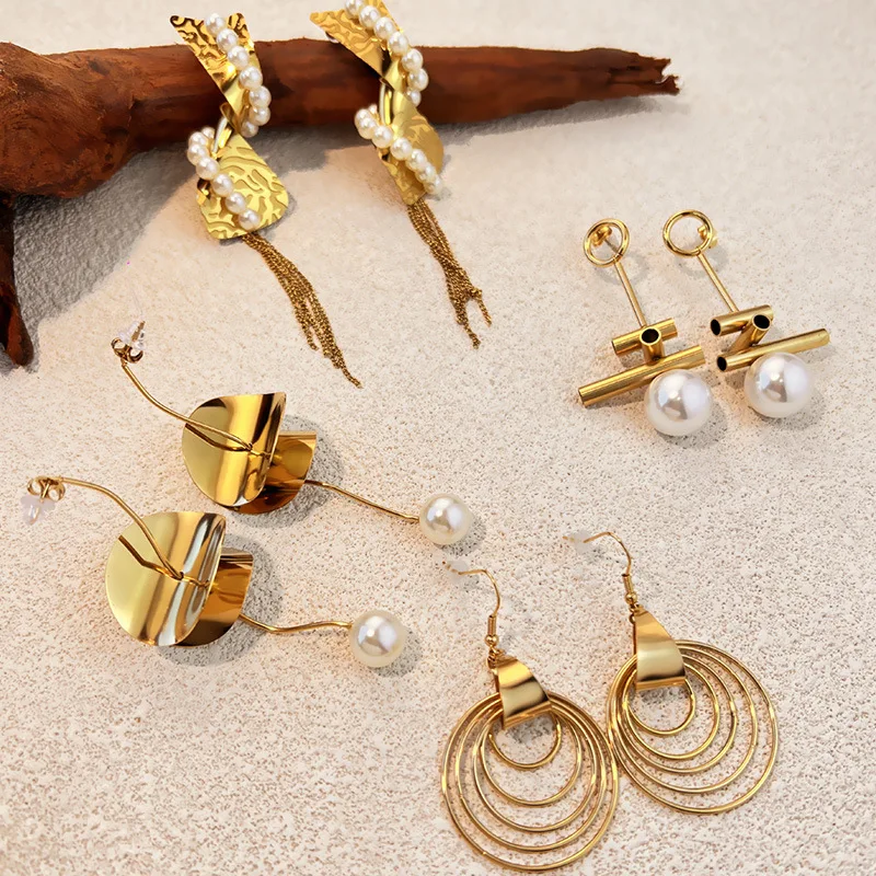 Temperament 18K Gold Plated Geometric Pearl Dangle Earrings Hypoallergenic Multi Layer Circular Ring Ear Hoops Statement Jewelry