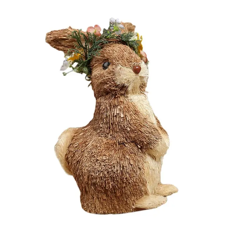 

Straw Bunny Figurine Artificial Rabbit Figurine With Flower Wreath Bunny Tabletop Ornament Easter Rabbit Decoration Easter