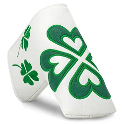 Lucky Clover Blade Putter Head Cover - Four - Leaf Clover Design with Heart Accents and Soft Lining Protection (White)