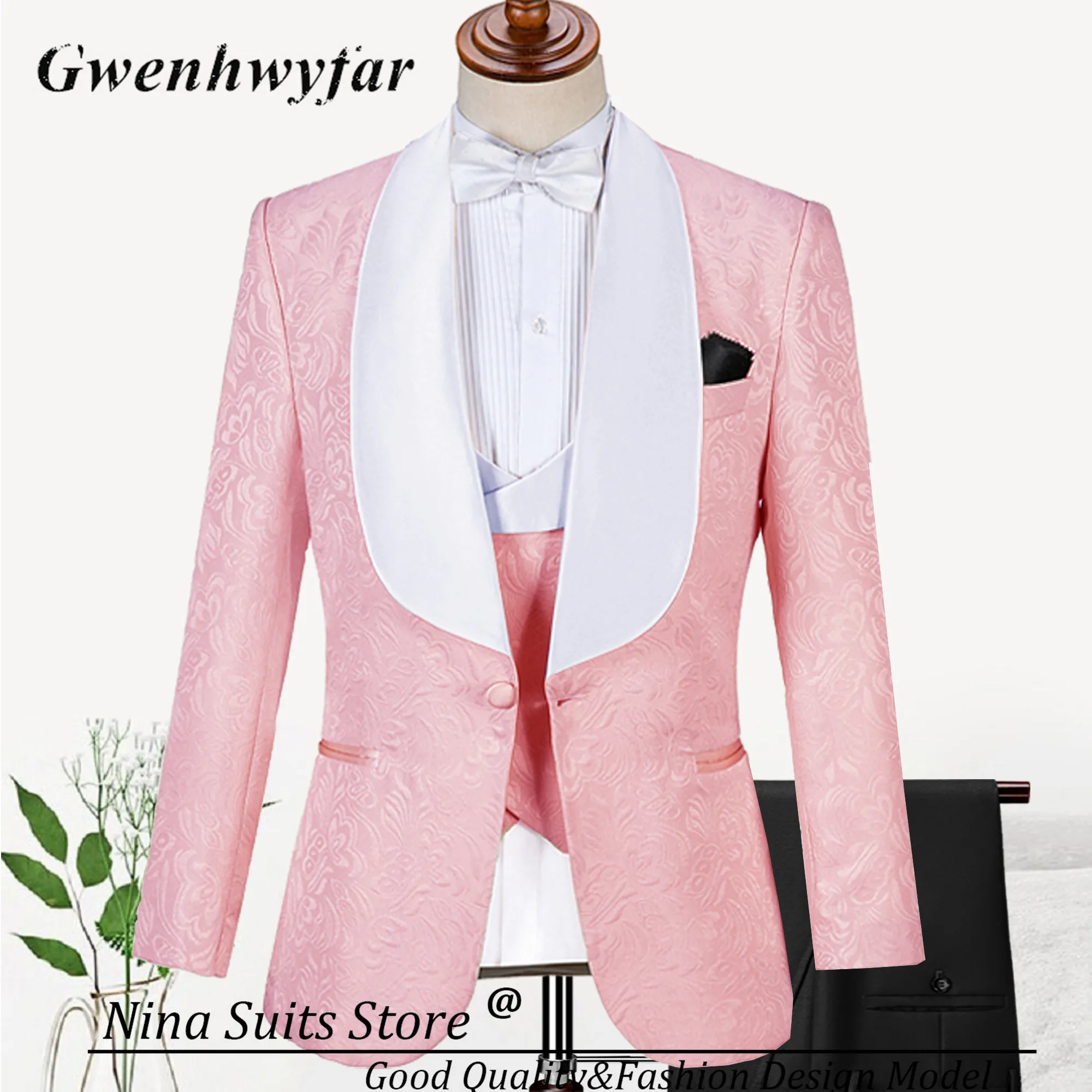 Gwenhwyfar Champagne Paisley Tuxedo Made Men's 3 Pieces Suits Include Jacket Pants Vest Wedding Groom Luxury Costume