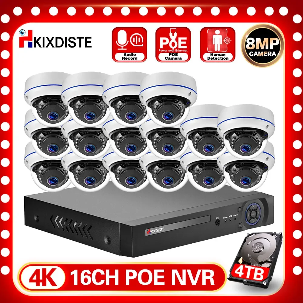 

16CH 8MP POE NVR Set Security Explosion-Proof Dome Camera System Audio IP Camera 4K NVR Outdoor CCTV Video Surveillance System