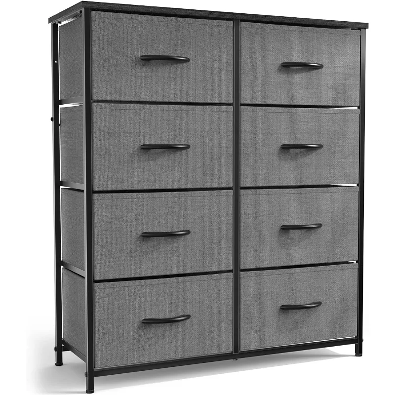 

Dresser for Bedroom, Tall Dresser with 8 Drawers, Storage Tower with Fabric Bins, Double Dresser, Wooden Top, Chest of Drawers