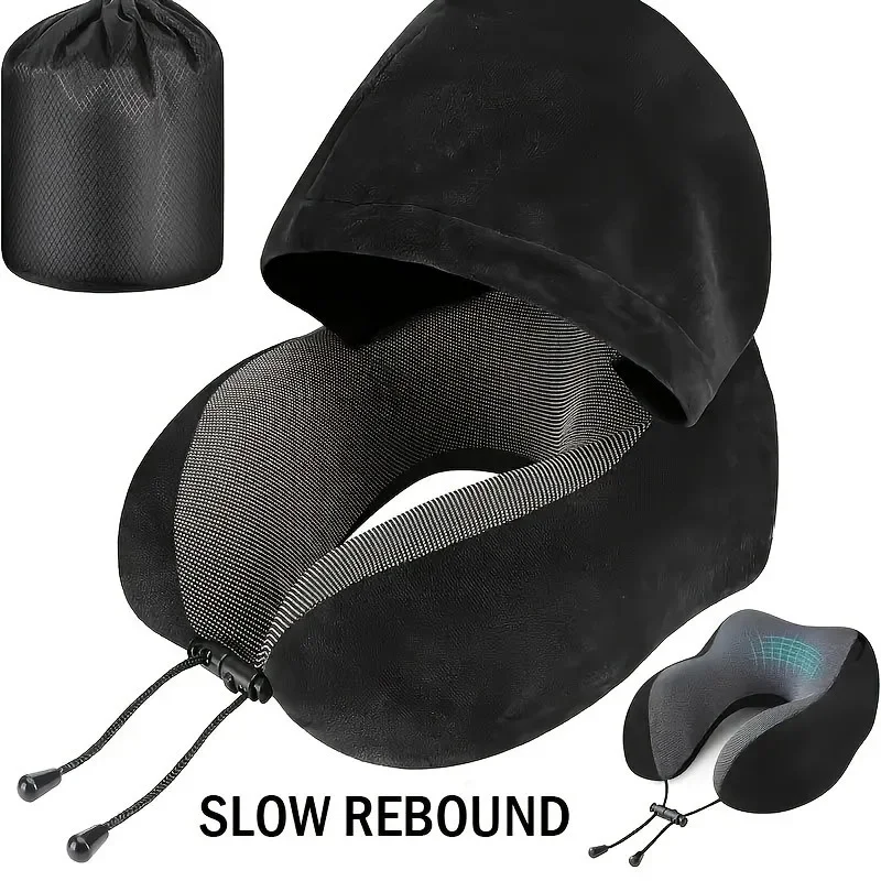 Luxurious Hooded Travel Neck Pillow with Soft Memory Foam and Velvet Cover, Includes Storage Bag