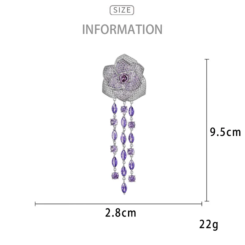 Spring New Retro Elegant Long Tassel Camellia Woman Brooches Luxury Cubic Zirconia Temperament Corsage Dress Accessories Pin