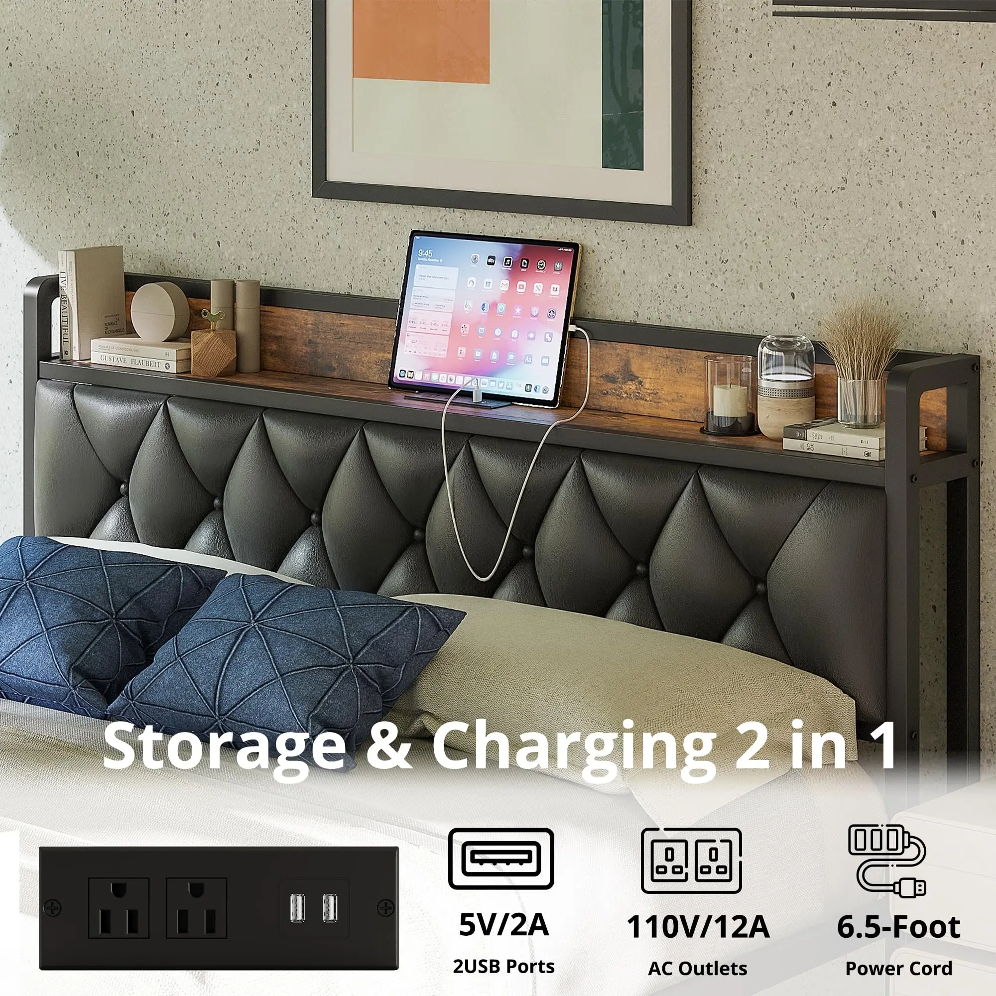Modern Storage Bed Frame with Outlets 4