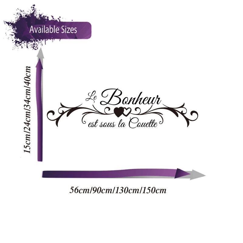 Autocollant Mural "Le Bonheur Est Sous La Couette" - Noir, 50 X 75 Cm - Décoration Citation Pour Chambre à Coucher