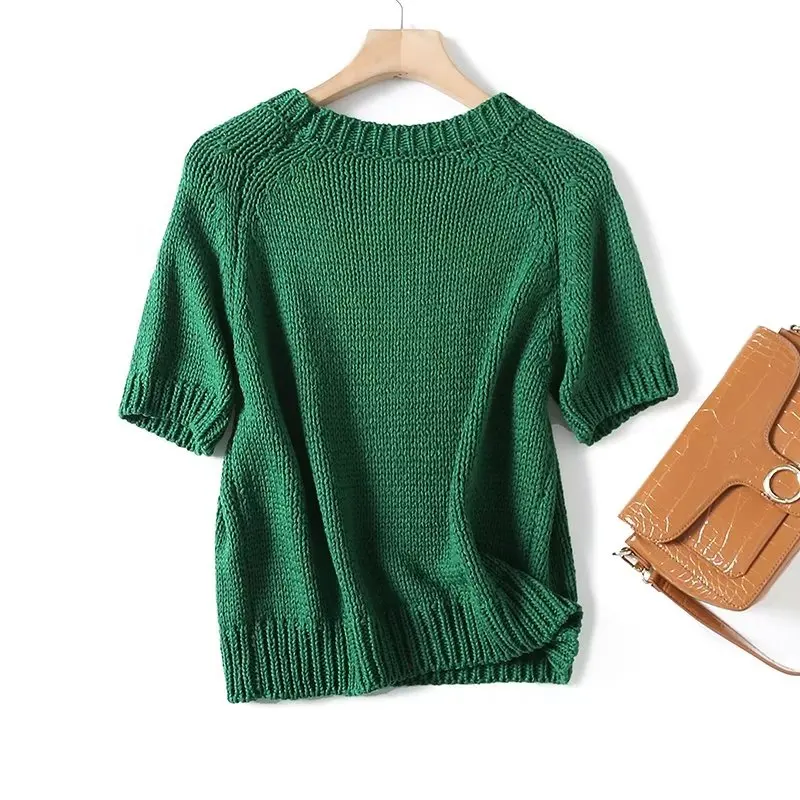 

Maxdutti British Fashion Knitwear Women Dark Green Sweater Round Neck Casual Short Sleeve Tops