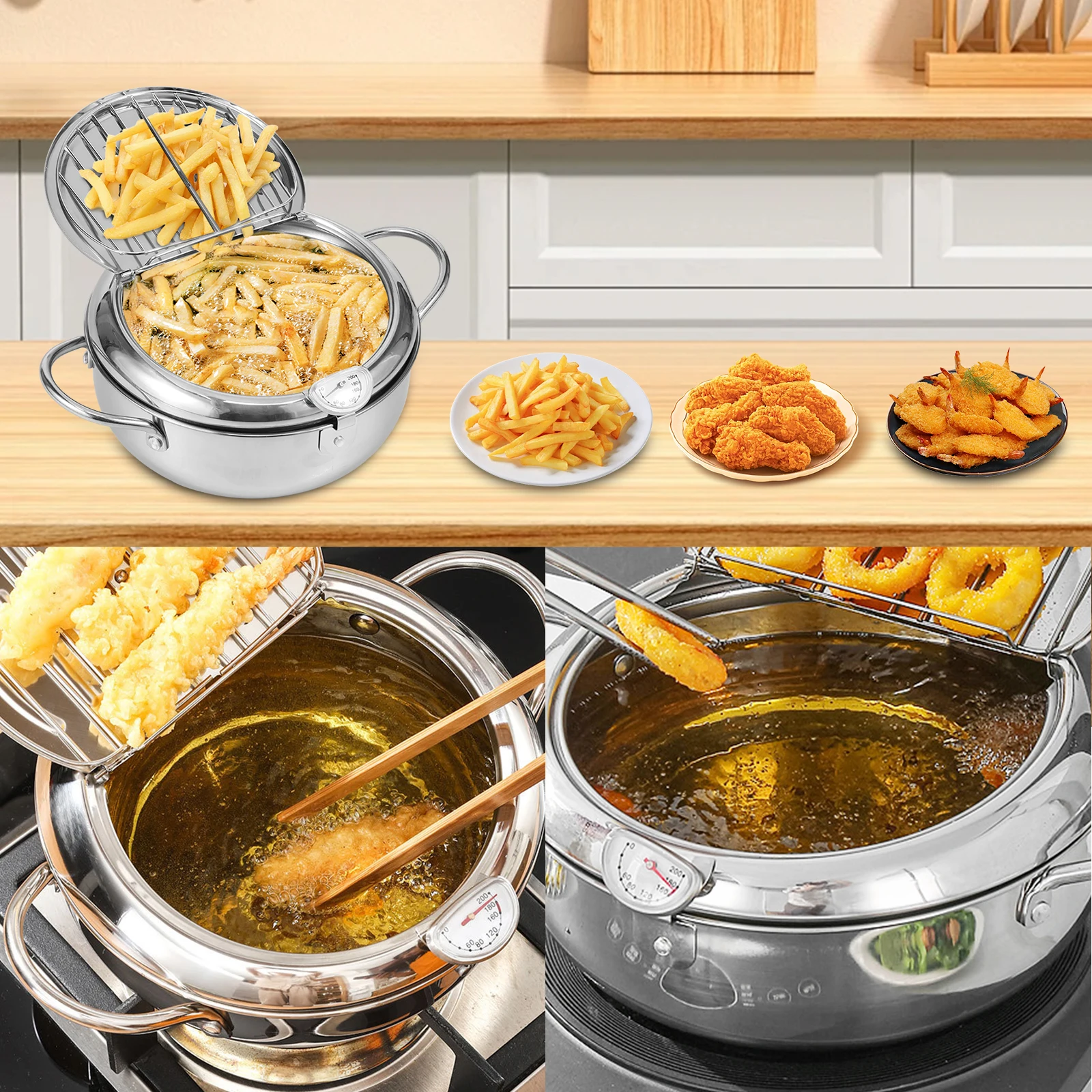 Deep Fryer Pot Strainer Basket Thermometer Stainless Steel Deep Frying Pot Handle 3 Sizes Oil Mini Fryer