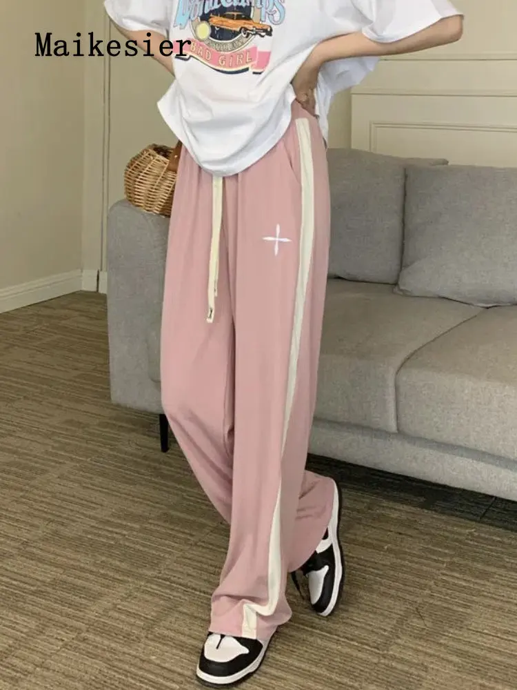 

New Spring Summer Women's Straight Drawstring High Waist Fashion Embroidered Trousers Pants Women Clothing Sweatpants