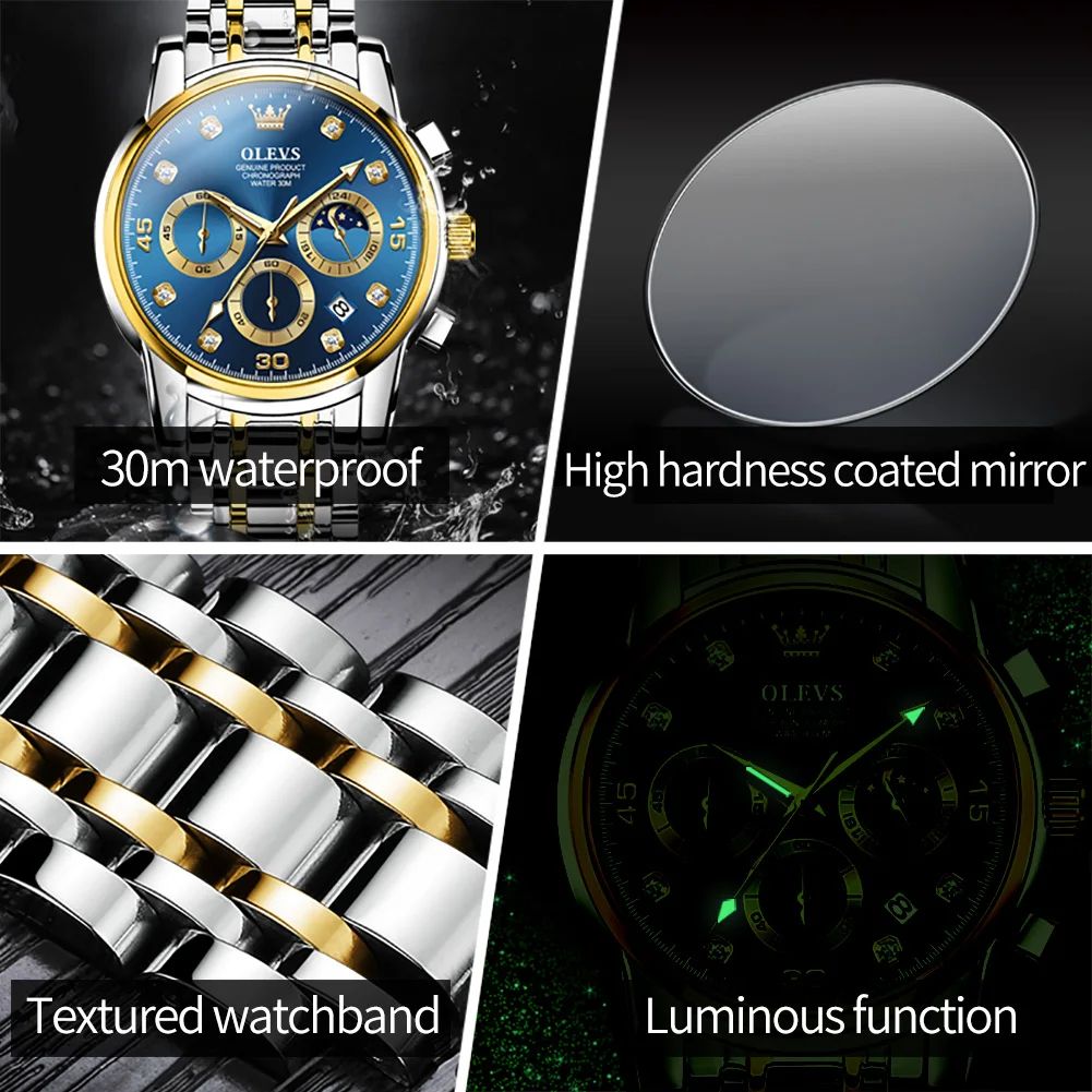 OLEVS Men's Watch Luxury Stainless Steel Luminous Waterproof Chronograph Moon Phase Wristwatch Quartz Watch for Men Reloj Hombre