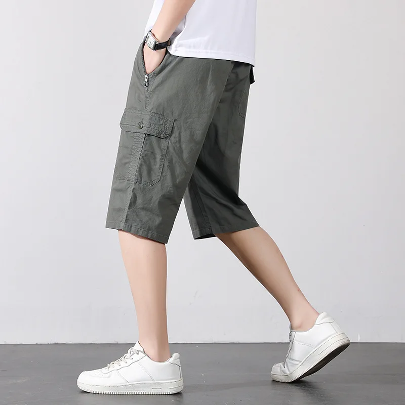 2024 Summer Male Cargo Shorts Military Knee Pants Zipper Pocket Summer Cotton Shorts  Jogger Elastic Waist Sports Wear Clothes