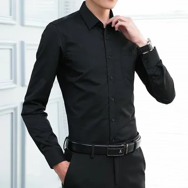 Hommes Anti-rides gratuit affaires confort mode respirant chemise mince élastique nouvelle chemise à manches longues couleur unie chemise confortable 1